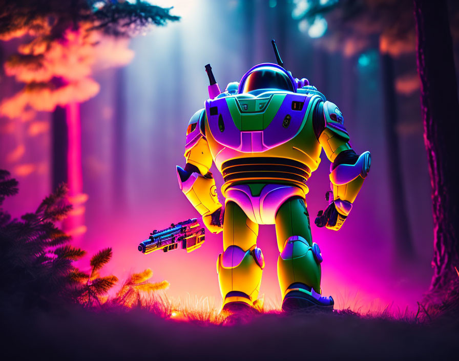 Neon-lit robot with blaster in misty forest - futuristic illustration