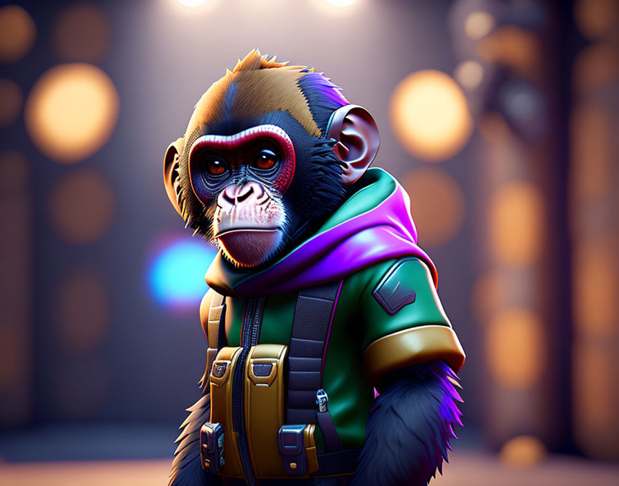 Stylized 3D illustration: Monkey in trendy outfit with glowing lights.