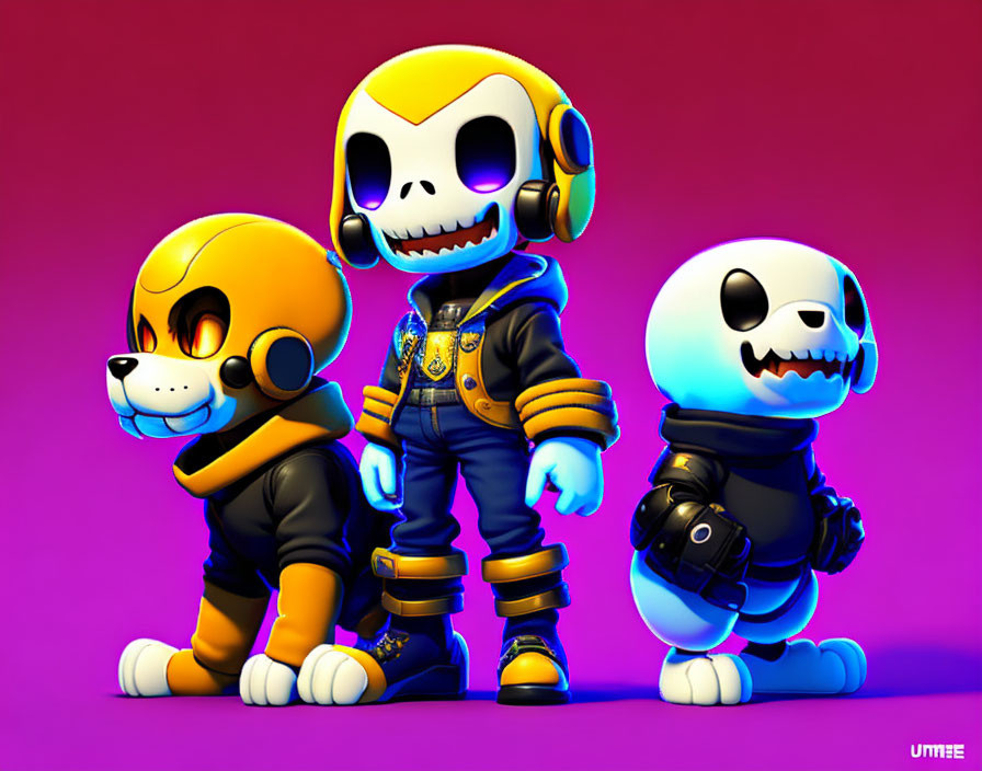 Stylized cartoon characters with skeletal and canine features in trendy outfits