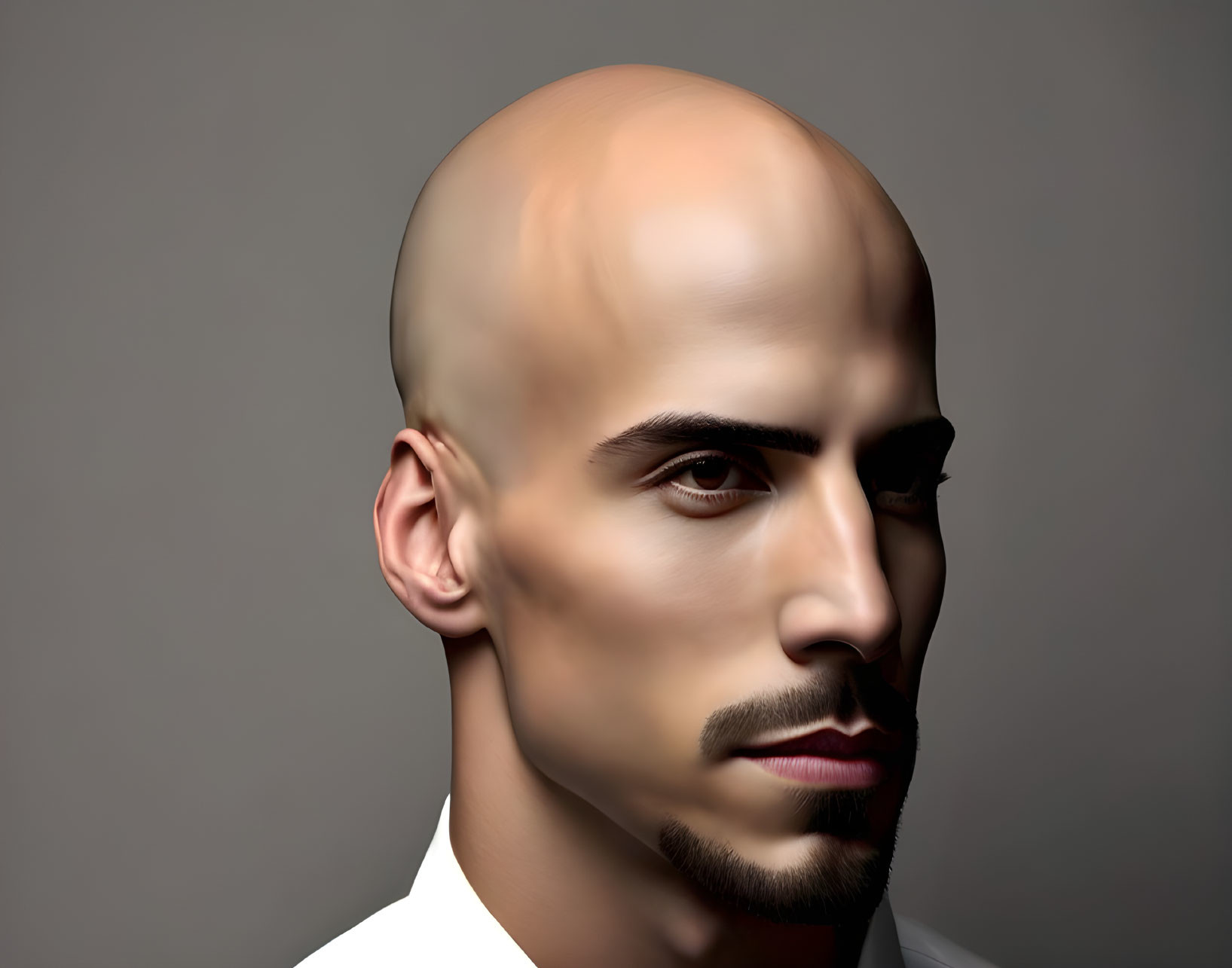 Digital portrait of bald man with beard and white shirt on grey background