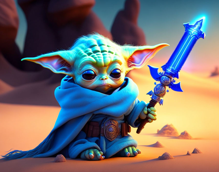 Stylized Baby Yoda with Blue Cloak and Lightsaber in Desert