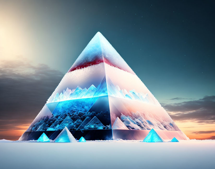 Surreal layered pyramid with transparent exterior and mountain landscape inside against twilight sky