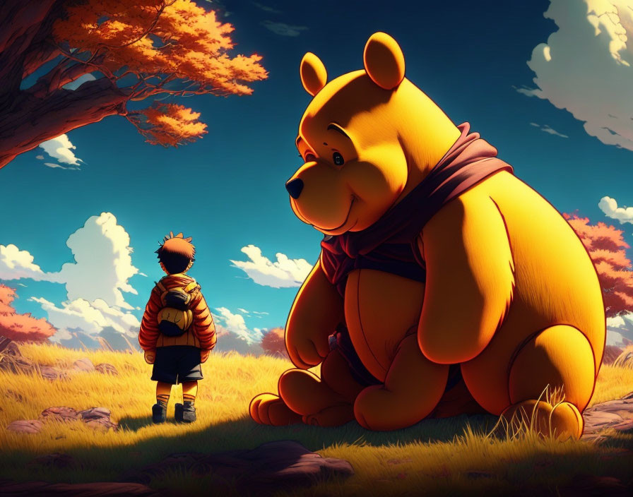 Child facing large seated yellow bear in sunlit field with tree backdrop