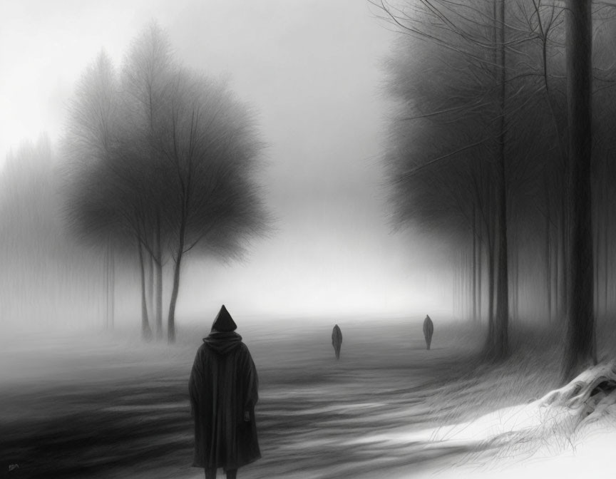 Monochrome image of solitary figure in coat observing distant silhouettes in foggy landscape