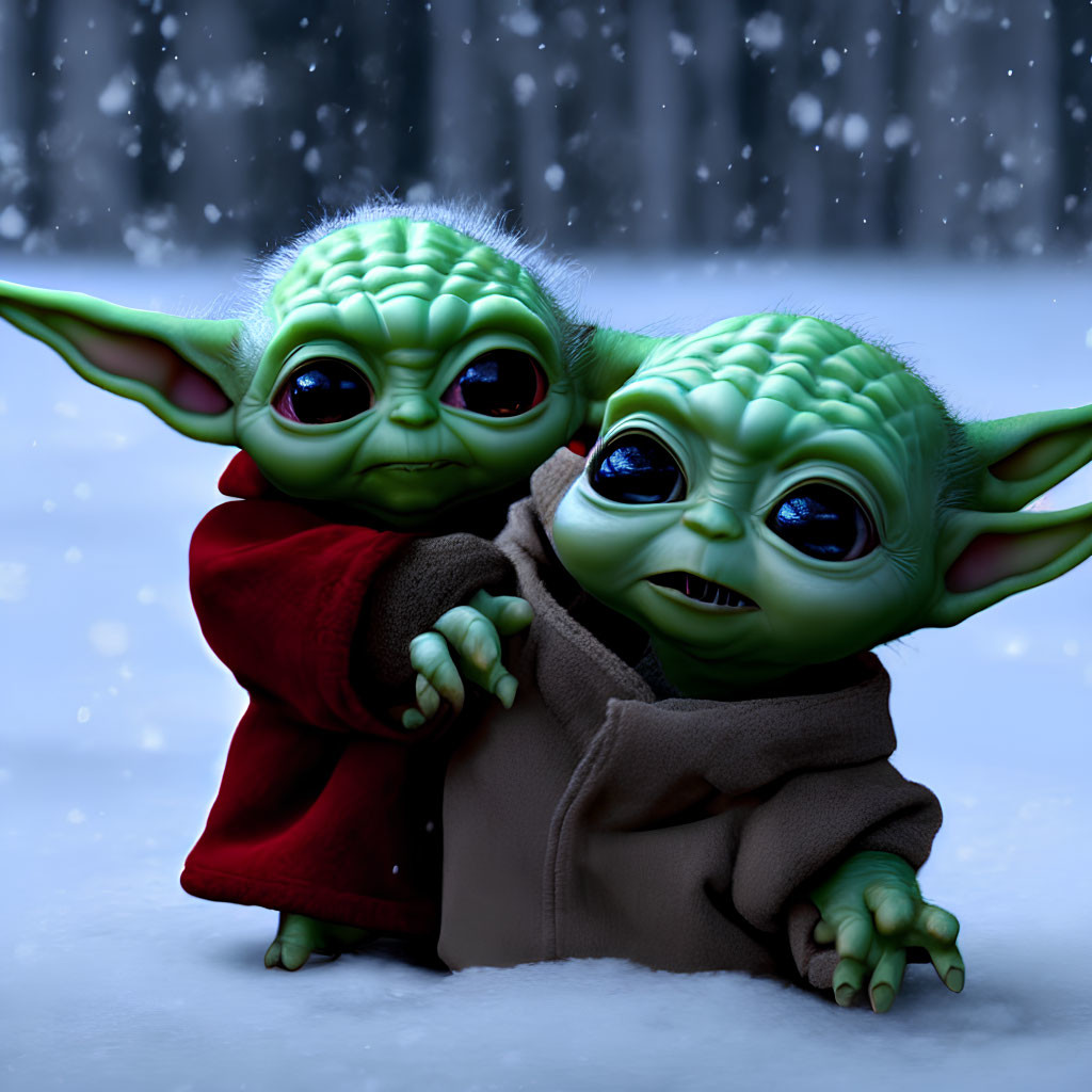 Two Baby Yoda-like Characters in Red and Brown Robes in Snowy Night Scene