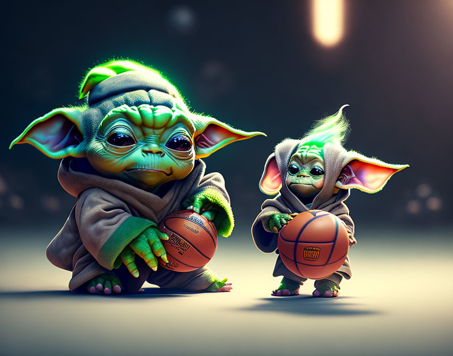 Stylized animated characters resembling Yoda with basketballs under spotlight