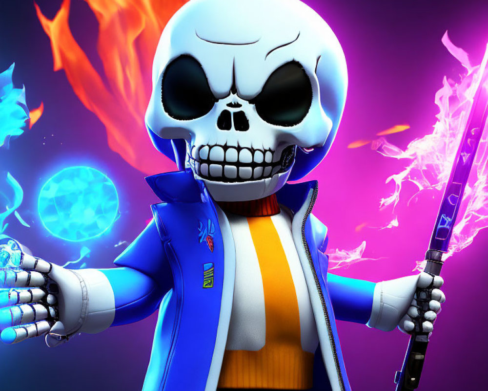 Skeleton character with blue flame and lightning spear on purple background