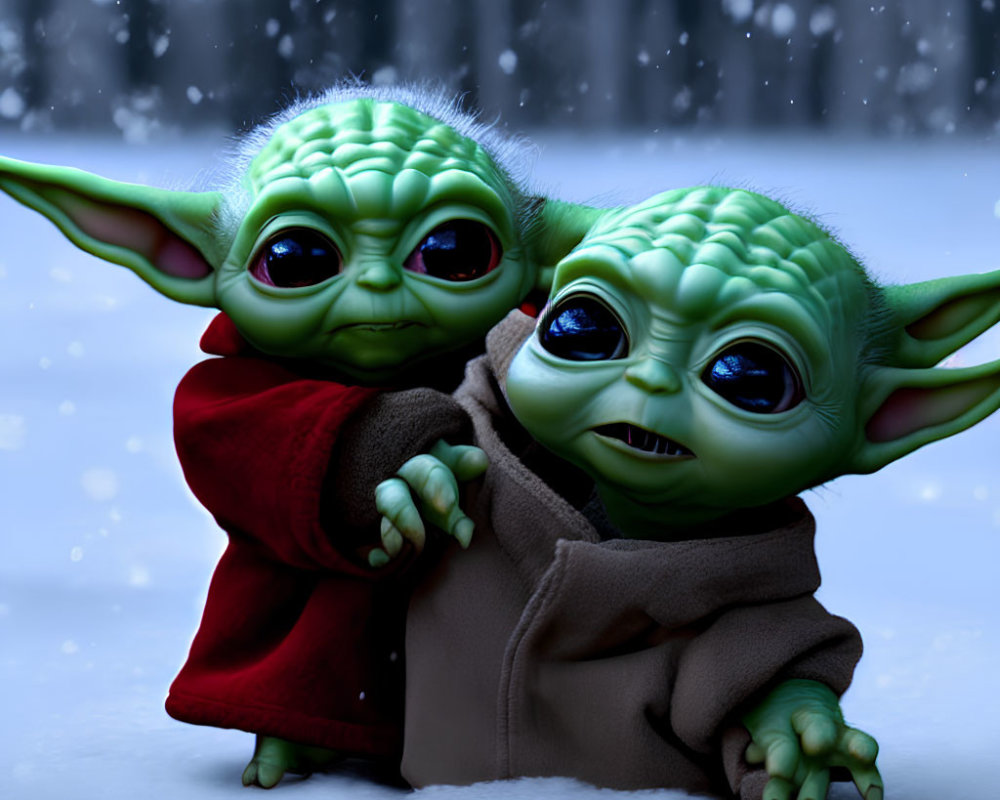 Two Baby Yoda-like Characters in Red and Brown Robes in Snowy Night Scene