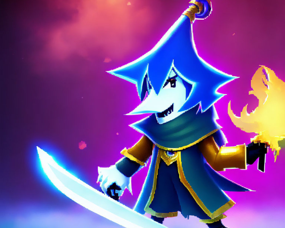 Animated character with blue hat and cape, holding torch and sword on purple background