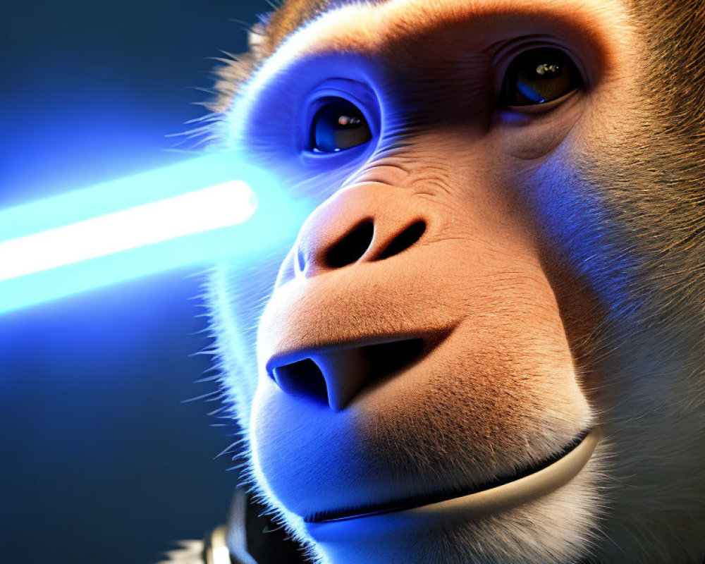 Detailed 3D illustration of contemplative anthropomorphic monkey in blue backlight