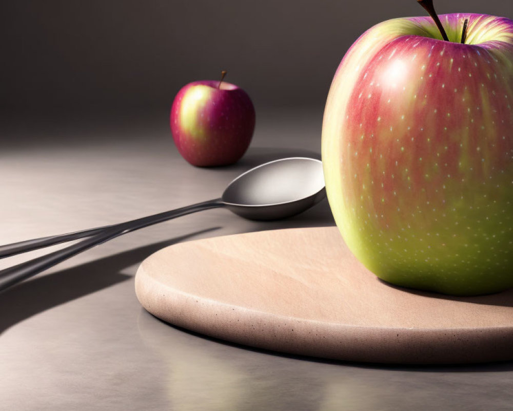 Apples and spoon on wooden board with shadowy background