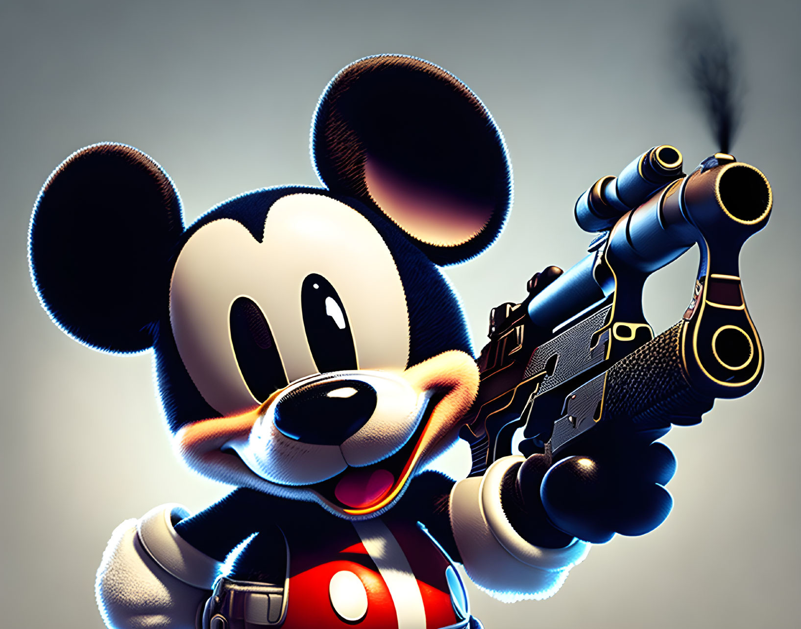 Animated mouse character with smoking gun in dark background