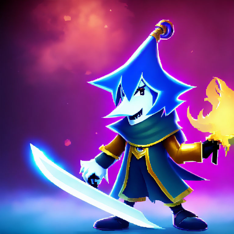 Animated character with blue hat and cape, holding torch and sword on purple background