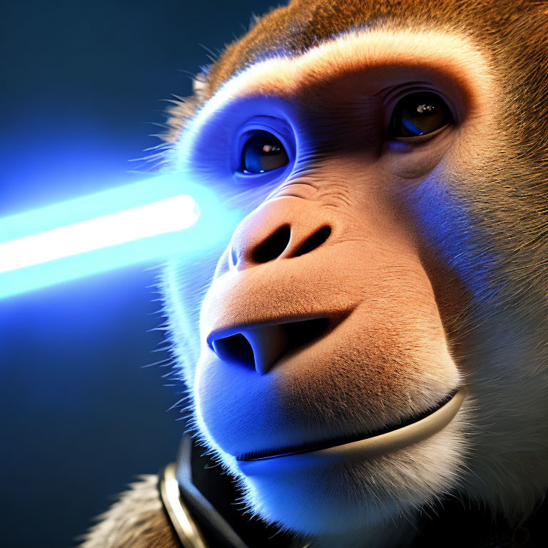 Detailed 3D illustration of contemplative anthropomorphic monkey in blue backlight