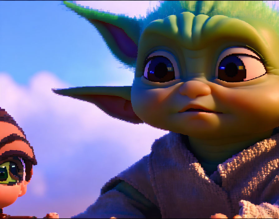 CGI-rendered baby character with large ears and green skin in textured robe