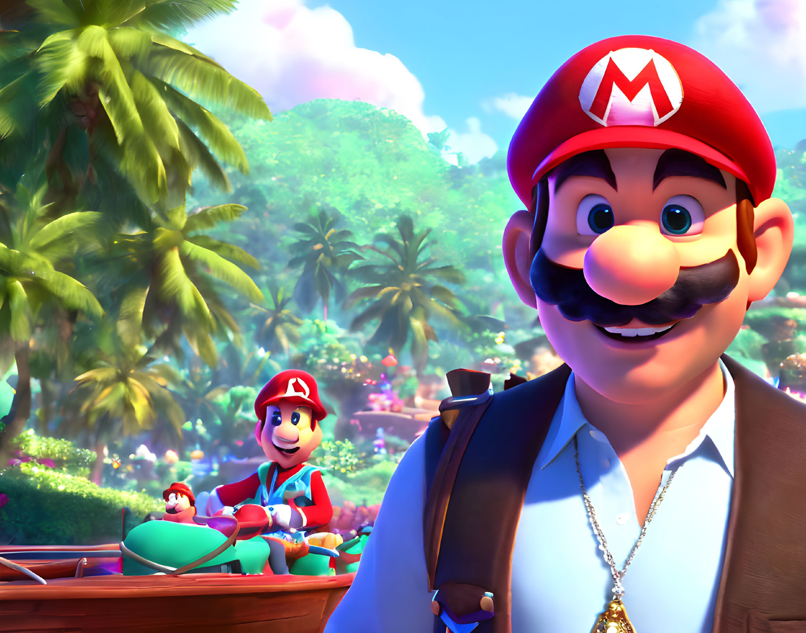 3D Mario and Luigi in tropical scene with star necklace