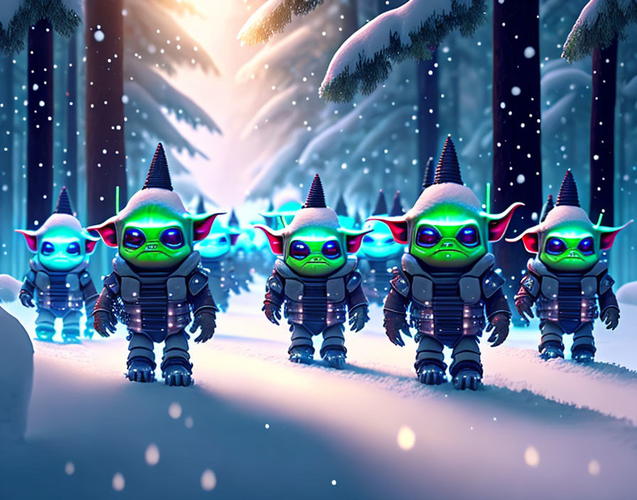 Animated Gremlin Characters Marching in Snowy Night Landscape