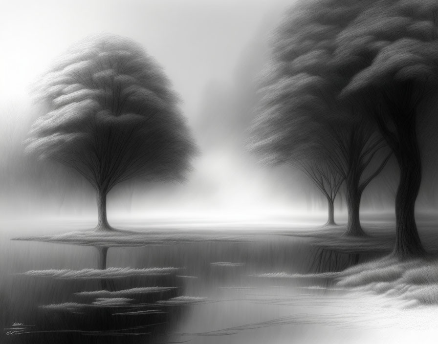 Serene monochrome landscape with two trees on reflective water