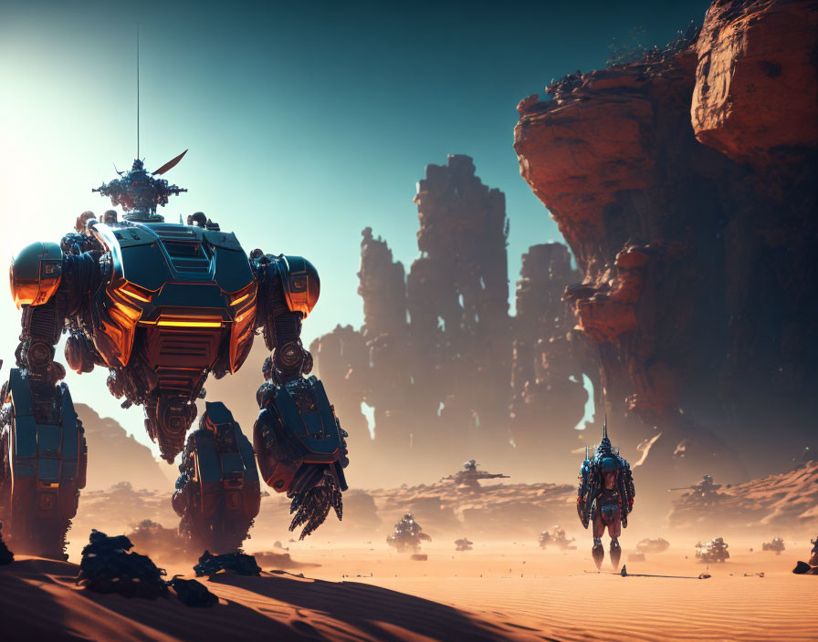 Robotic mech and figure in desert with rock formations under hazy sky