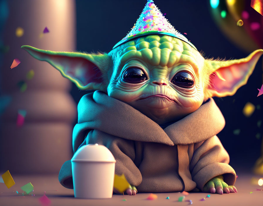 Adorable Baby Yoda in Party Hat with Cup and Confetti