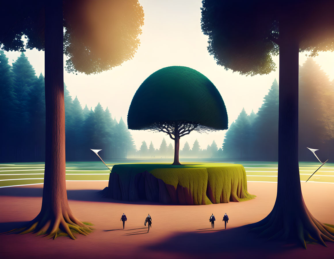 Surreal landscape with solitary tree on floating island surrounded by enchanted forest