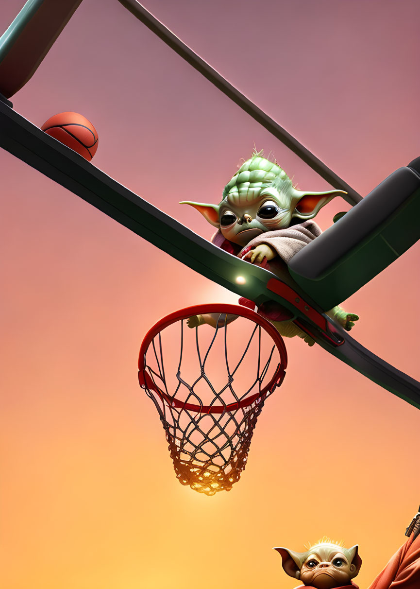 Baby Yoda-like character watches basketball score with another character under orange sky