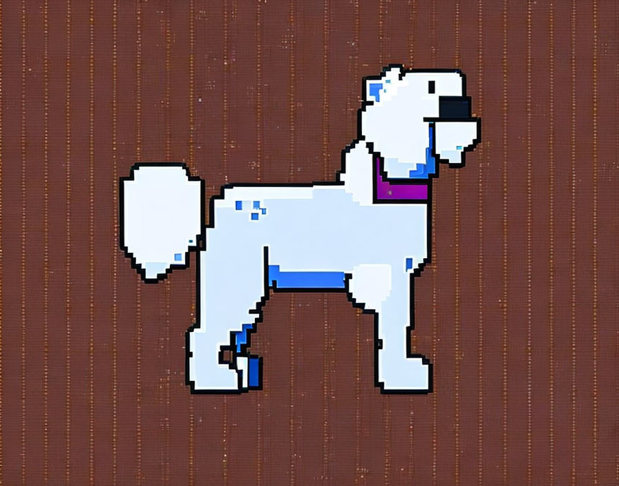 White Dog Pixel Art with Blue Collar on Brown Dotted Background