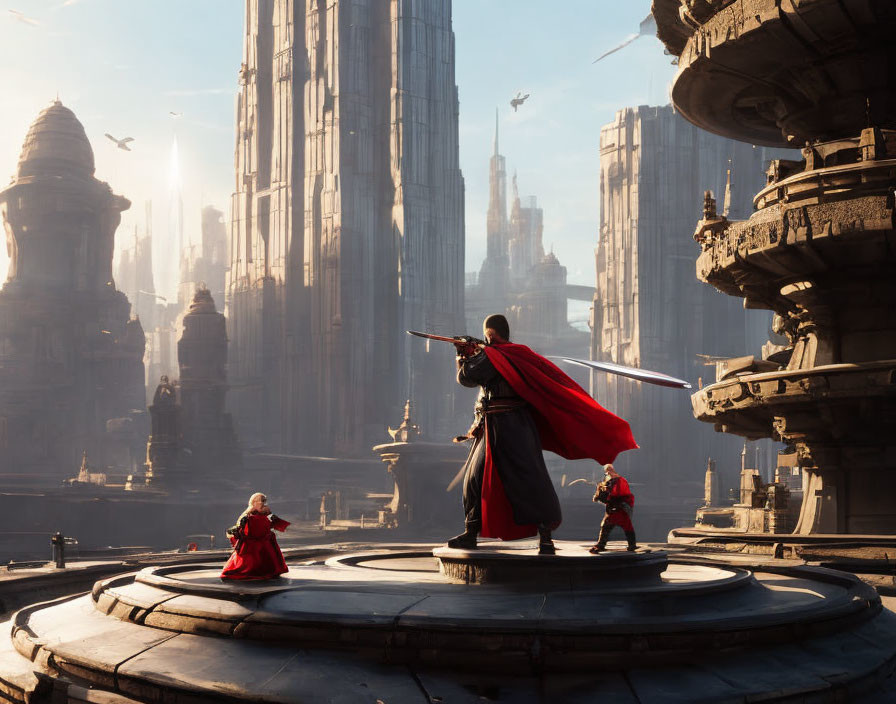 Figure in red cape with sword on circular platform overlooking cityscape with spires and flying craft.