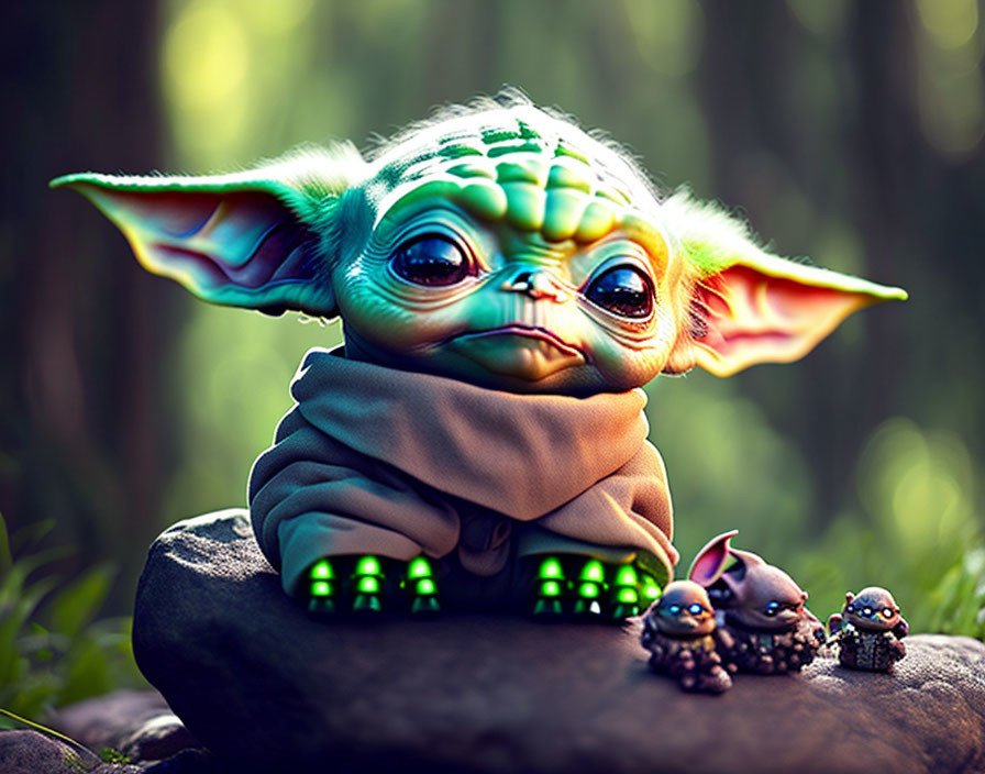 Young Green Alien with Large Ears in Forest Setting with Tiny Figures