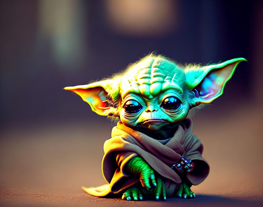 Digital Artwork: Baby Yoda in Brown Cloak with Large Expressive Eyes