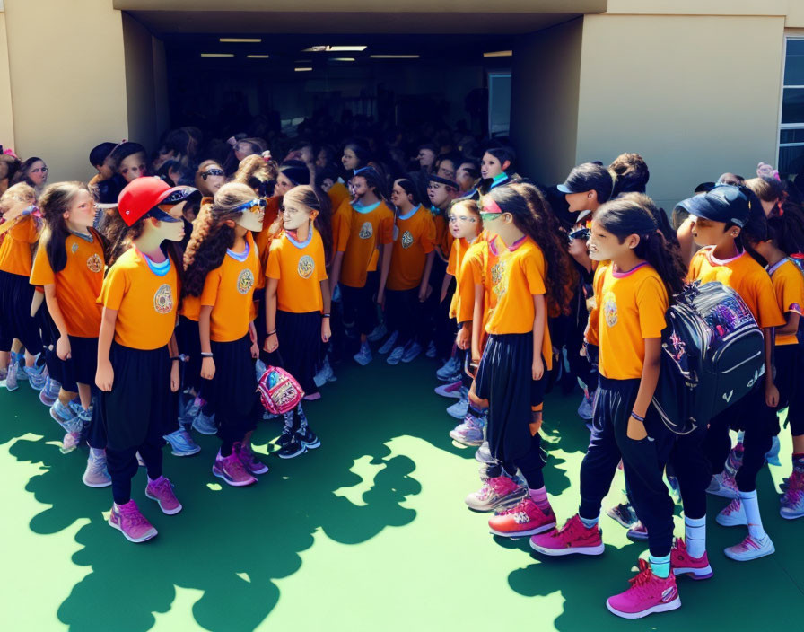 Children in Matching Orange T-Shirts and Black Pants Gathering Outdoors