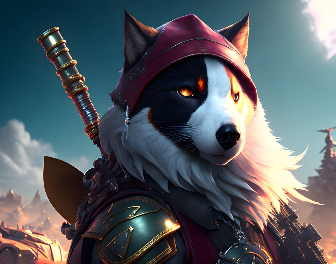 Anthropomorphic fox warrior in red hood with sword, fantasy landscape at dusk