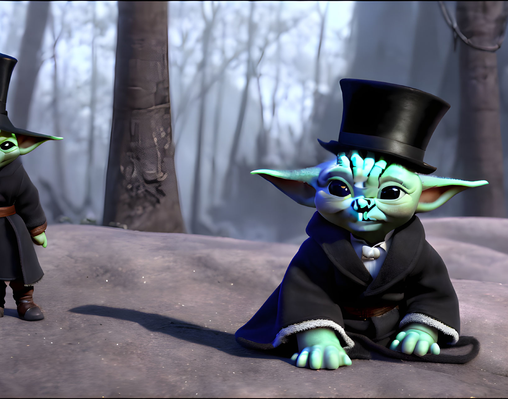 Animated characters in foggy forest: one in black coat and top hat, one in brown robe