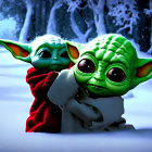 Two Baby Yoda-like Characters in Red and Brown Robes in Snowy Night Scene