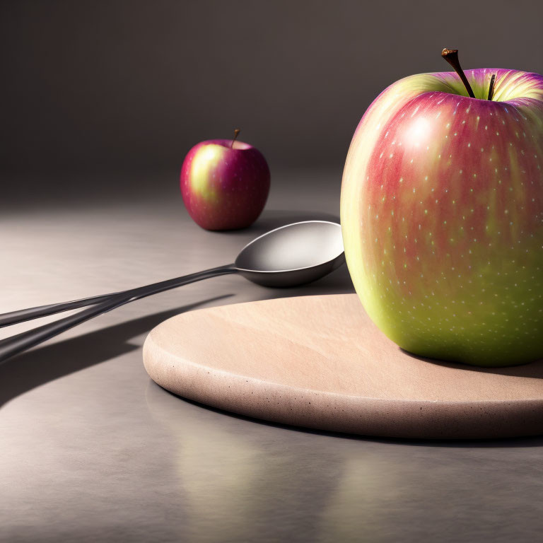 Apples and spoon on wooden board with shadowy background