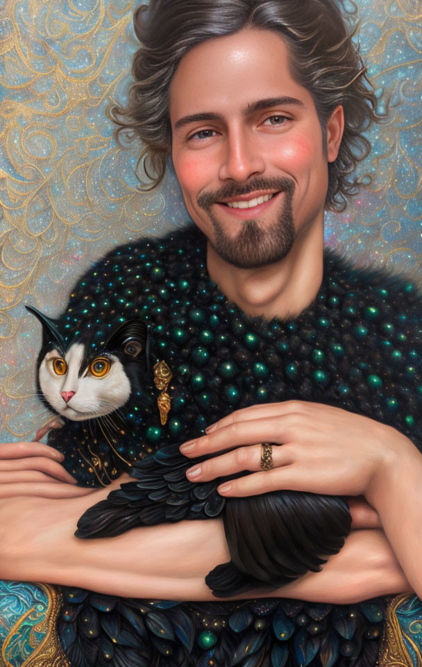 Stylish man holding cat in ornate attire against gold backdrop