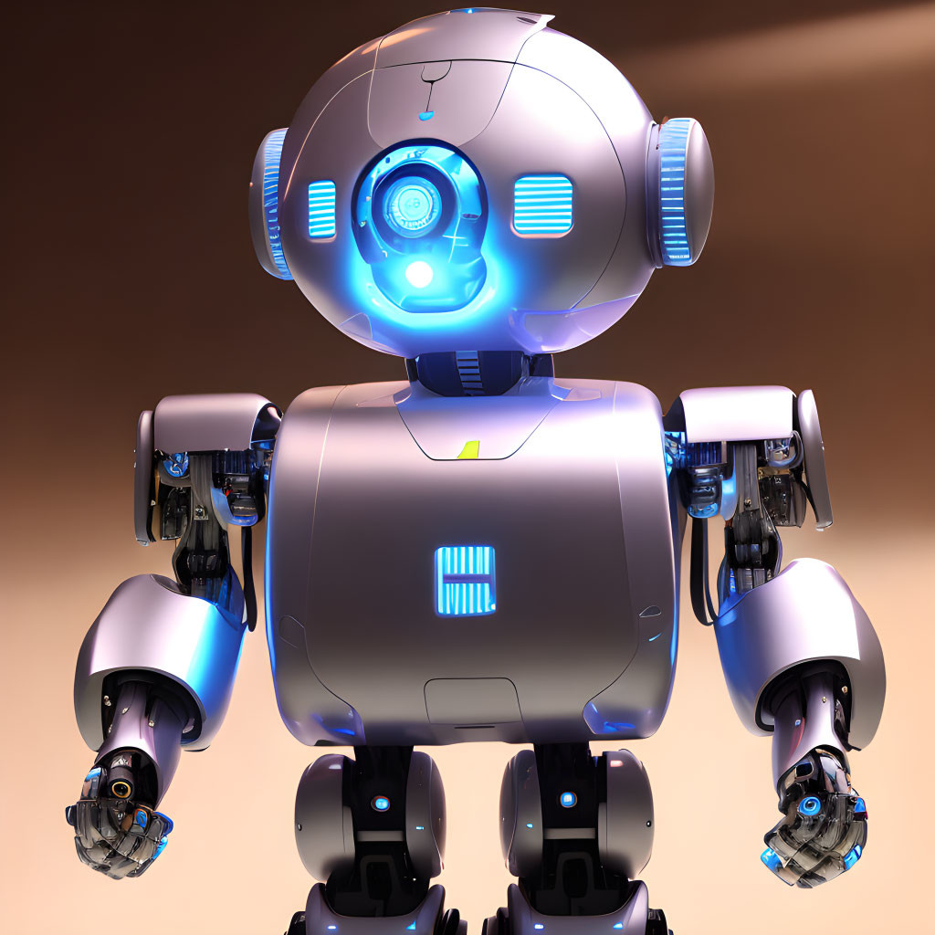 Futuristic robot with spherical head and metallic body on warm background