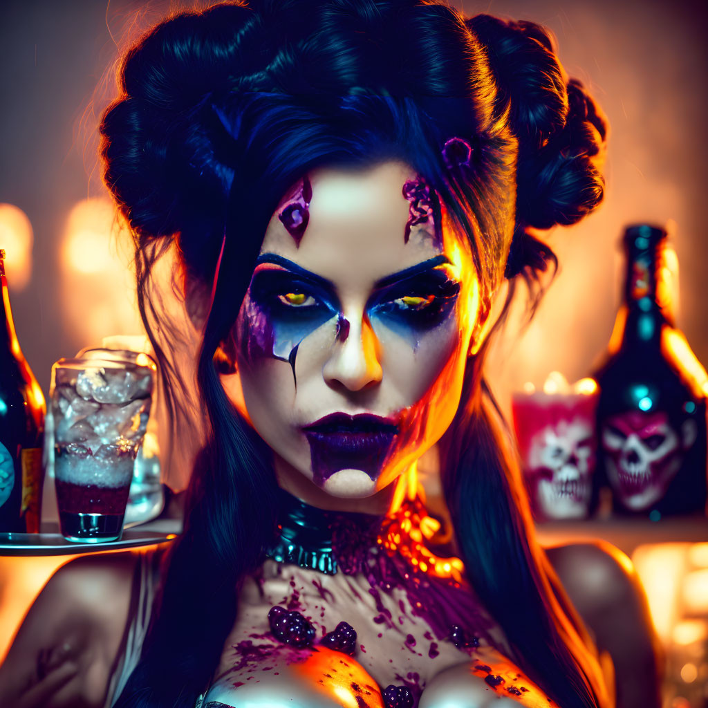 Woman with dramatic skull Halloween makeup and vibrant colors, styled hair, surrounded by themed bottles.