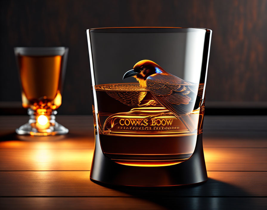 Eagle emblem whiskey glass on dark wood surface