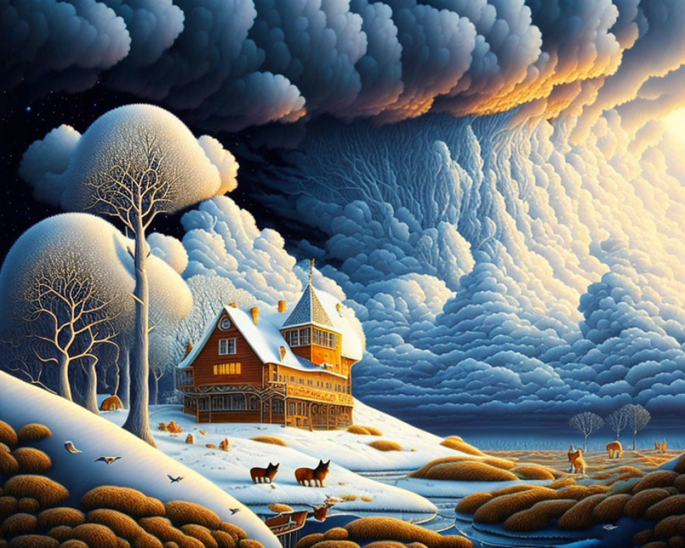 Winter Landscape with Cozy House and Frosted Trees