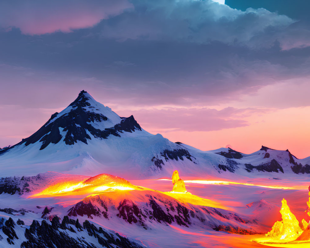 Snow-covered mountain with glowing lava flow under twilight sky