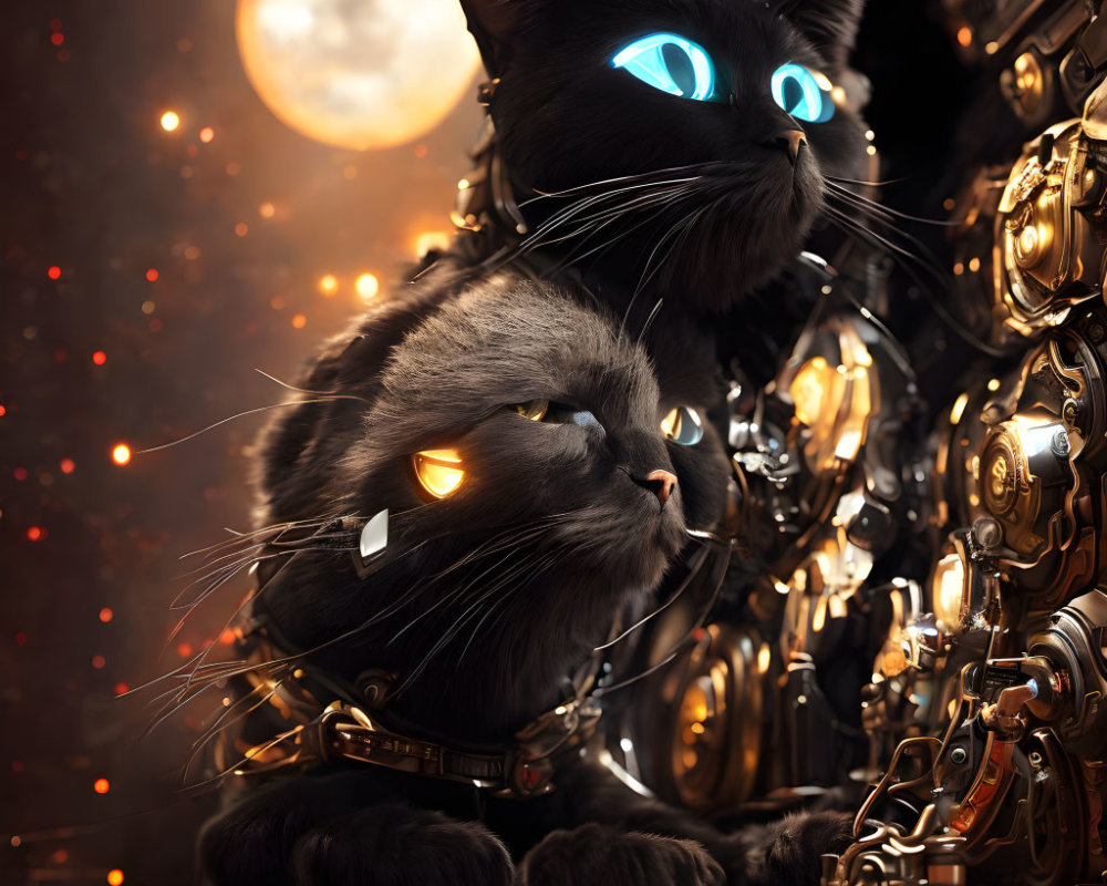 Two Cats with Luminous Eyes in Mechanical Gear Setting under Reddish Sky