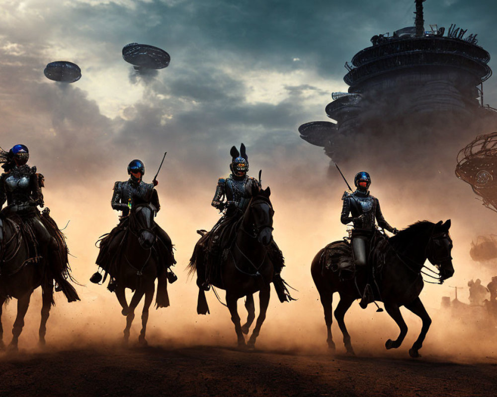 Armored knights on horseback in front of futuristic cityscape