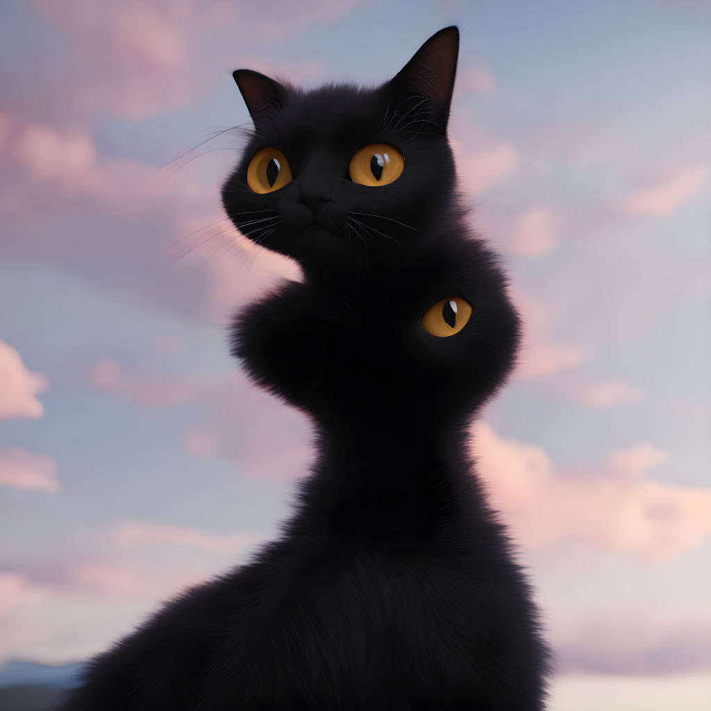 Animated black cat with orange eyes against pink-clouded sky