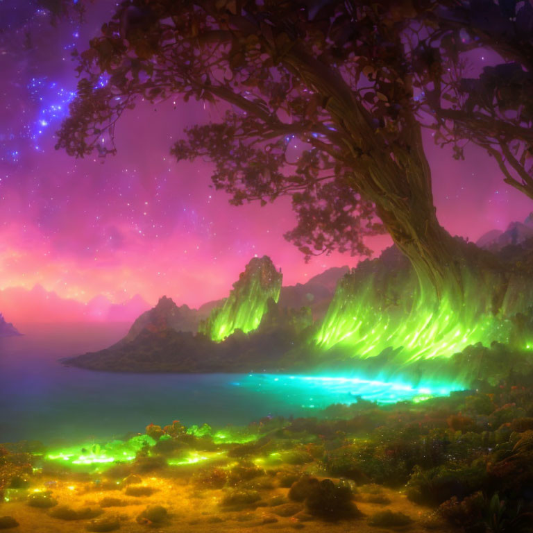 Colorful Fantasy Landscape with Illuminated Tree and Glowing Flora