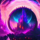 Fantastical castle in cosmic portal with purple crystals