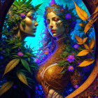 Colorful artwork of two women with floral crowns in mystical forest setting