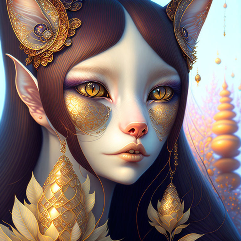 Fantasy creature with cat-like features and gold jewelry.