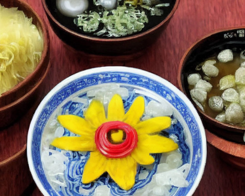 Three small bowls with beads and decorative flowers on red wooden surface.