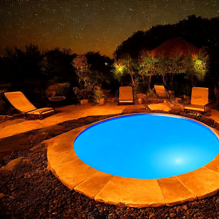 Tranquil garden pool under starry night sky